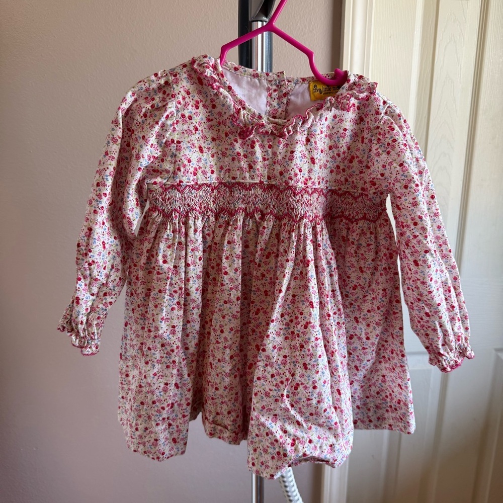 Five Little Monkeys Kids Floral Smocked Dress Pink Red Long Sleeve Size 3